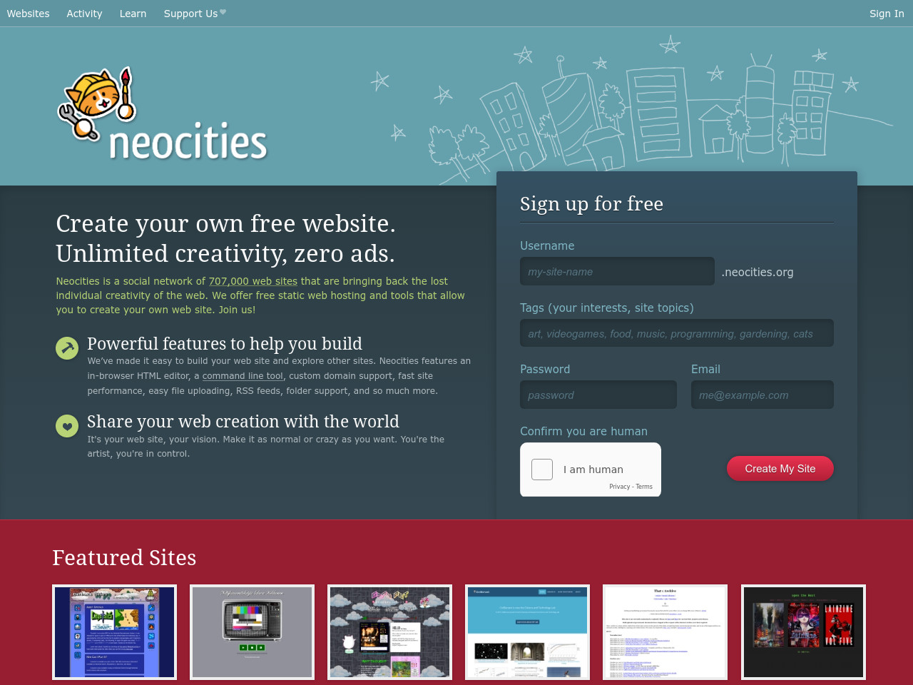 Neocities: Create your own free website. Unlimited creativity, zero ads.