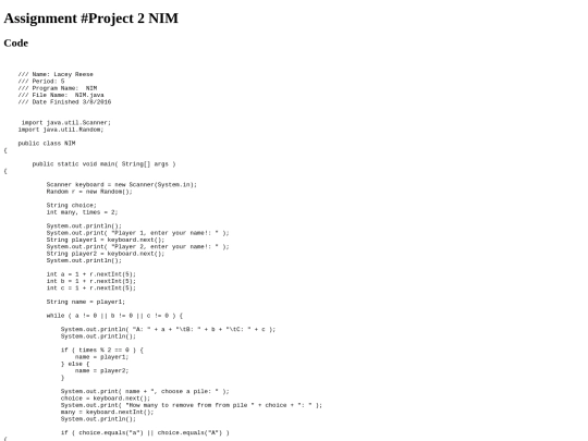 intro/WhileLoopP2/Project2/NIM screenshot