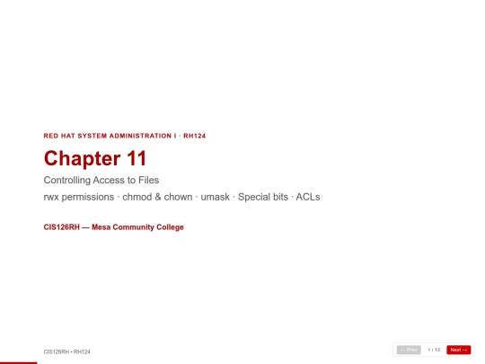 cis126rh/RH124_Chapter_11___Controlling_Access_to_Files_Presentation screenshot
