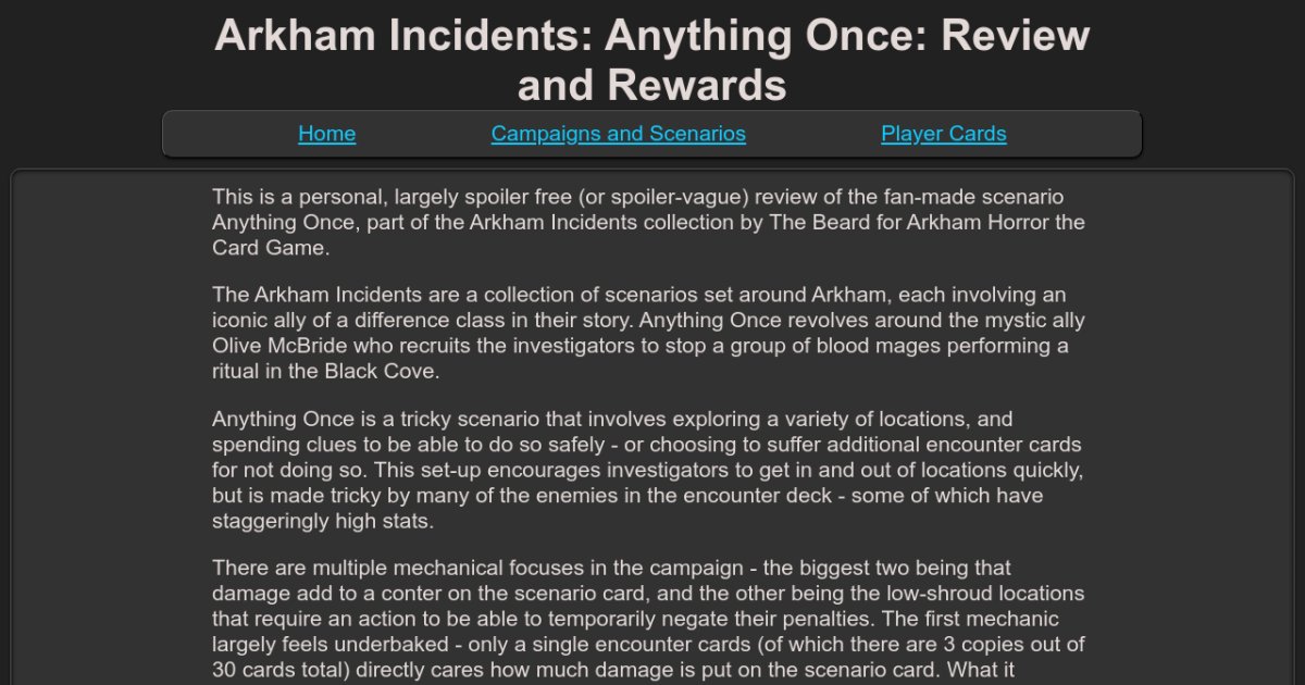 Arkham Incidents: Anything Once: Review and Rewards