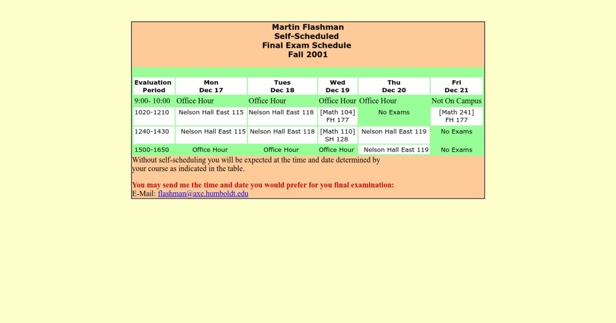 Final Exam SelfSchedule / Fall 2001 Semester